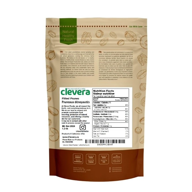 Clevera Pitted Prunes 1.2-lb (Premium),100% Fruit, No Sugar added