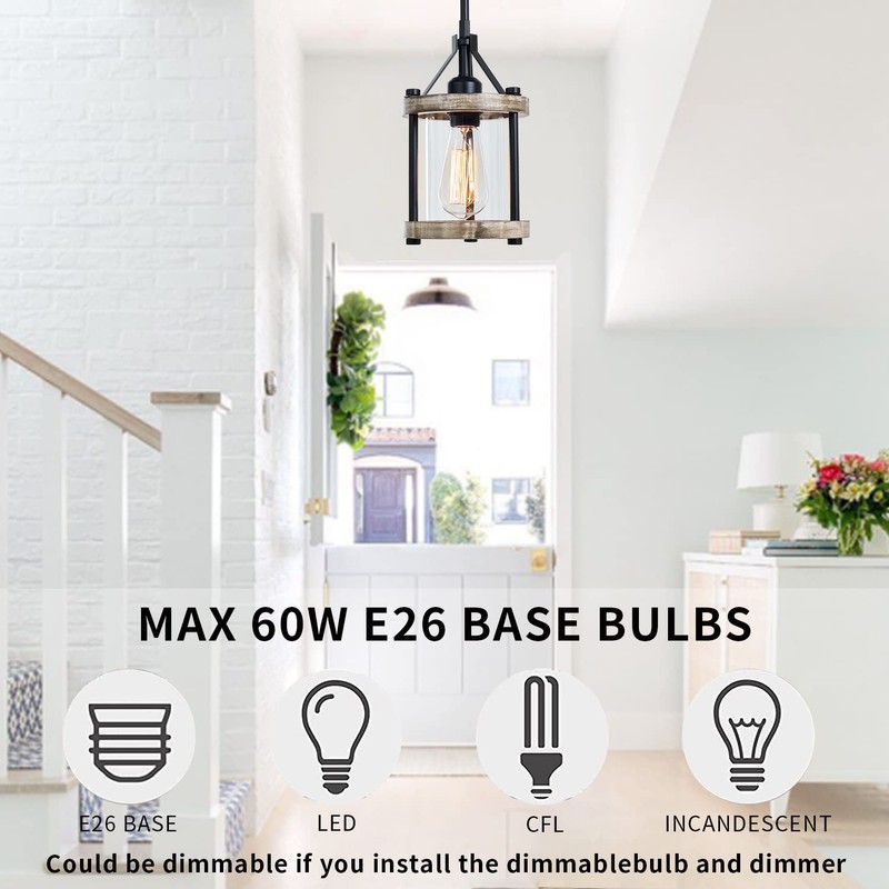 Ejerlya Farmhouse Pendant Light, Rustic White Wood and Metal Cage