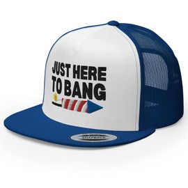 RIVEMUG NG Just Here to Bang Embroidered Flat Bill Trucker Hat High Crown Funny Adjustable 4th of July Cap