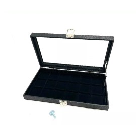 Unbranded Pocket Watch Black Glass Key Lock Top Lid 18 Space Display Case with Lid Support