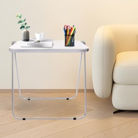 WUSILILU Foldable Acrylic TV Tray Table, Small Folding Desk Clear End Table Space Saving Side Table for Living Room, Dining Room, Study Room, Bedroom, Balcony, Office, Dorm, 220.46lbs (White)