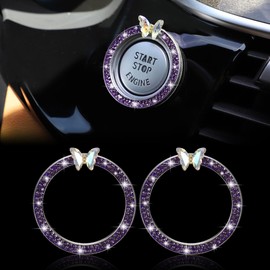 TOMALL Bling Car Engine Start Button Cover Butterfly 2pcs Diamond Interior Crystal Push Start Stop Button Ring Sparkly Engine Ignition Cap Rhinestone Emblem Decoration Universal for Car (M Purple)