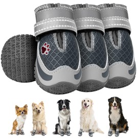 Eyein Pack of 4 Dog Shoes, Mesh Breathable Dog Shoes, Paw Protection with Non-Slip Sole for Hot Summer Floors, Reflective Dog Shoes for Night Walks Outdoors, Grey, Size 8