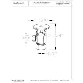 Westbrass A105-01 Round Handle Angle Stop Shut Off Valve, 1/2" Copper Pipe Inlet with 3/8" Compression Outlet, Polished Brass