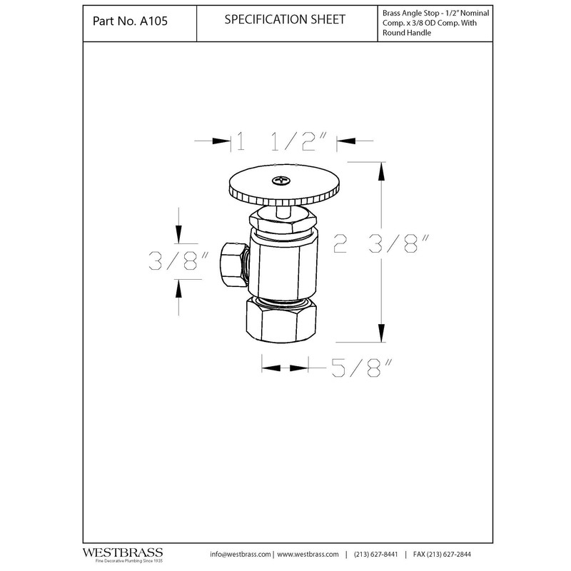 Westbrass A105-01 Round Handle Angle Stop Shut Off Valve, 1/2"