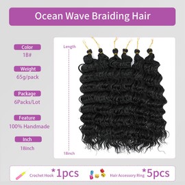 Ocean Wave Crochet Hair 18 Inch 6 Packs Deep Wave Braiding Hair Curl Crochet Synthetic Braids Hair Extension for Women (1B#, 18 Inch 6 Packs)