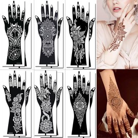 XMASIR Henna Tattoo Stencils Kit, 12 Sheets Temporary Stickers Hand Forearm Glitter Airbrush DIY Tattoo Template for Women and Girls (Black)