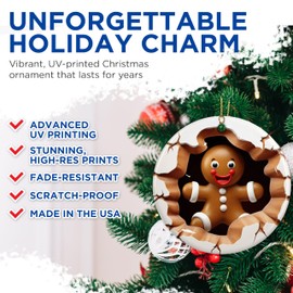 Gingerbread Breakout Christmas Ornament - 3D Breakout Gingerbread Man - 2.8" Round - Premium Glossy Ceramic with UV Printed Design - Gold String Included - Perfect Holiday Décor - BMCO0060