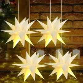 Riakrum 4 Pcs Christmas Moravian Star Paper Lanterns with LED Lights 12 Inch 3D Paper Stars 18 Pointed Star Hanging Decorations Christmas Tree Topper for Indoor Outdoor Holiday Wedding Party, White