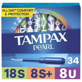 Tampax Pearl Tampons Trio Pack, Super/Super Plus/Ultra Absorbency with BPA-Free Plastic Applicator and LeakGuard Braid, Unscented, 34 Count (Packaging May Vary)