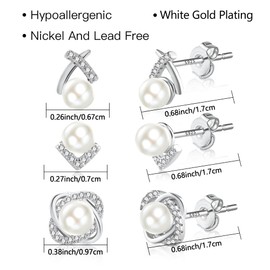 ASH'S CHOICE Pearl Earrings, 3 Pairs 925 Sterling Silver Pearl Stud Earrings for Women, Large White Freshwater Cultured Pearl Stud Earrings Set, Hypoallergenic Bling AAA+ Cubic Zirconia Studs