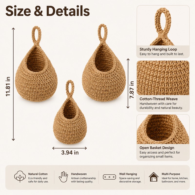 Wall Hanging Fruit and Vegetable Baskets for Kitchen - 3-Piece