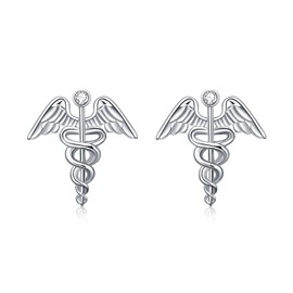 Caduceus Angel Nurse Earrings Sterling Silver Medical Symbol Studs with Clear White Crystal, Fine Jewelry Gift for Women Nurse Doctor Medical Student