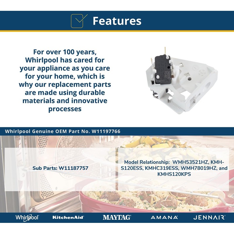 Whirlpool W11197766 Microwave Door Interlock Switch Assembly