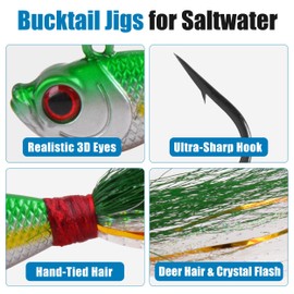 Bucktail Jigs Saltwater Fishing Lures, 5pcs Saltwater Jigs Kit Bucktail Hair Jig Saltwater Freshwater Surf Fishing Lures for Walleye Striper Bass Snook Bluefish Fluke Flounder 1/4oz-2oz