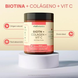 Biotina Pura + Colágeno Hidrolizado Vitamina C VITAL BOTANICS | 200 Cápsulas, 1000 Mg Por Porción, 6 Meses de Suministro, Multivitamínico para Hombre 