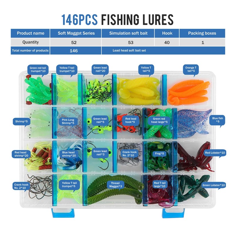 RoseFlower 146 Pieces Fishing Lure Kits Mixed Universal Artificial Soft