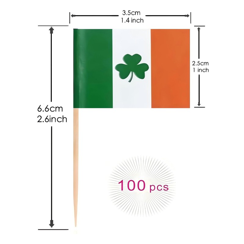 100 Pcs Irish Ireland Shamrock Toothpick Flag Saint Patrick's Day