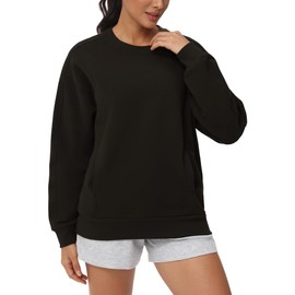 THE GYM PEOPLE Women's Loose Fit Sweatshirt Long Sleeve Crewneck Cotton Boxy Fall Workout Pullover Tops with Pockets Black