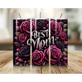20oz Skinny Stainless Steel Tumbler with the words "Best Mom" Pink Roses, Lid