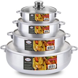 Alpine Cuisine Nonstick Aluminum Hot Pot Caldero Dutch Oven Set with Glass Lids Durable 8 pc Cookware for Stew & Rice Easy Clean 2, 3.5, 7, 13 QT,Silver