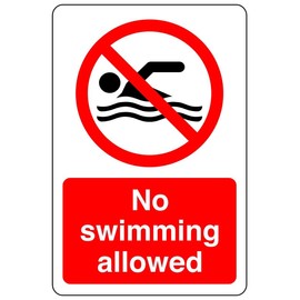 No swimming allowed safety sign - No swimming, No diving, No Sailing, Deep Water, eating & drinking - 1.2mm Rigid plastic for indoor/outdoor usage (300mm x 200mm) Viewing Distance within 7m.