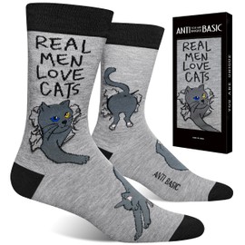 ANTI BASIC Funny Cat Dad Socks for Men - Novelty Socks -Real Men Love Cats Cute Gifts for Cat Lovers Husband Boyfriend Father's Day Christmas(Size 7-12) (grey cat-black toe)
