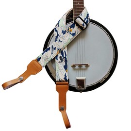 MUSIC FIRST Original Design, 2 inch width (5cm), Padded, Vintage Ukiyoe Style"Surfing Cat" Soft Muslin & Genuine Leather Delux Banjo Strap, With 2 pieces of MUSIC FIRST Leather Strap Locker.