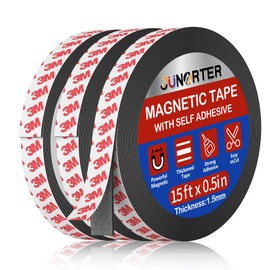 Junarter Magnetic Tape Roll, Magnet Strips,3 Rolls (15 Feet x1/2 in) Adhesive Magnetic Tape Strips with Adhesive Backing, Flexible Magnetic Strips, Magnet Roll Tape for Fridge, DIY (0.06" Thick)