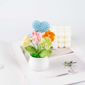 Knitting Crochet Flowers Potted Plants, Fake Forget Me Not Flowers and Knitted Heart for Friends, Family and Lover, Artificial Handmade Flowers for Birthday and Home Decor (Blue)