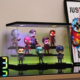 Clear Acrylic Display Case with Light , 3 Tier Multiple Color Lights Display Box Stand Assembly Dustproof Protection Showcase for Collectibles Action Figures (Black 12.6×7×9in)