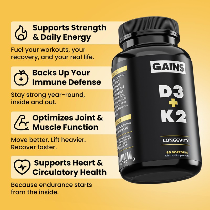 Gains in Bulk D3 K2 Supplement, Vitamin D3 5000 IU,