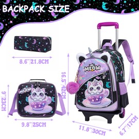 Oruiji Girls Rolling Backpack for Kids with Wheels,Cute Cat Lightweight Kids Luggage for 6-8,Large Capacity BookBag with Wheels & Telescopic Handle