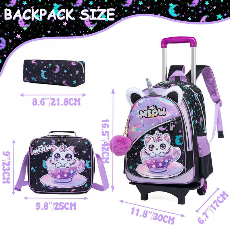 Oruiji Girls Rolling Backpack for Kids with Wheels,Cute Cat Lightweight