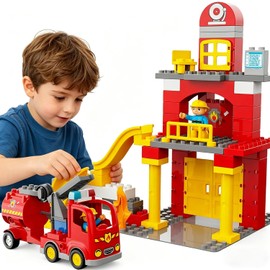 Fire Station Playset, Fire Trucks for Toddlers 3-5, Firefighter Gifts, Classic Big Building Blocks Compatible with All Major Brand, Firetruck Toys 3-5 Years Old, Fire Station Toys