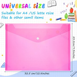MotiMind 100 Pcs Clear Envelopes with Snap Button Closure Bulk A4 Letter Size Clear Plastic Envelope Folder Document Organizer File Folders for Office Home(Pink)