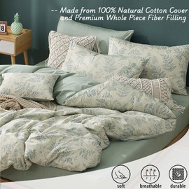 LEMIROE Botanical Cotton Comforter Queen Size - Dusty Green Comforter Printed with Luxrious Bluish-Grey Ferns on Beige,Reversible Lightweight Bedding Sets 3Pcs(90"×90")