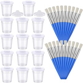 Humyoun 20 Pcs Spill Proof Paint Cups with White Lids and 20 Pcs Paint Brushes for Kids Paint Container Acrylic Painting Tools for Toddlers Preschool Watercolor Art Crafts Supplies