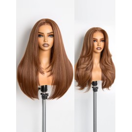 GORGIUS Straight Lace Front Wigs with Brown and Blonde Highlights Glueless Layered Wig Pre Cut Pre Plucked Middle Part Synthetic Wig 24 Inch
