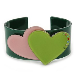 Avalaya Dark Green, Pink, Salad Green Acrylic, Austrian Crystal Hearts Cuff Bracelet - 19cm L