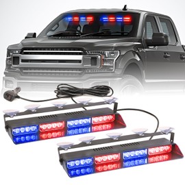 PKINGLAKE 2 in 1 LED Emergency Dash Strobe Light Bar Front/Rear Windshield Safety Flashing Warning Hazard Interior Lights for Police Firefighter Construction Vehicles Trucks (2x14 inch, Blue/Red)