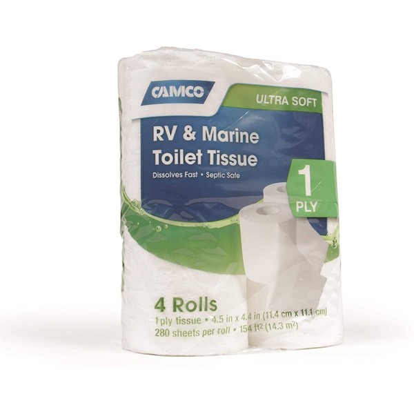 Camco RV Bathroom Toilet Tissue - 4 Rolls Sewer-Safe, Septic-Safe, Biodegradable 1-Ply Bath Tissue Designed for Trailer, Motorhome, & Marine Sanitation Systems (40275), White