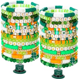 Sasylvia 32 Pcs St. Patrick's Day Bracelets for Women Stackable Beaded Stretch Bracelet Vinyl Polymer Clay Surfer Heishi Bracelets with Lucky Letters Shamrock for Women Jewelry Gift Irish Party