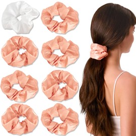 xo, Fetti-Decoraciones para fiestas de despedida de soltera Lazo para el cabello de raso Scrunchies a cuadros Melocotón + Blanco | Regalo de despedida de soltera, favores de dama de honor, caja de pro