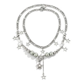 Zhang shine Y2k Star Necklace Star Grunge Punk Aesthetic Layered Necklace Boho Choker Necklaces Pearl Beaded Silver Necklace Chain Jewelry for Women Christmas New Year Jewelry Gift