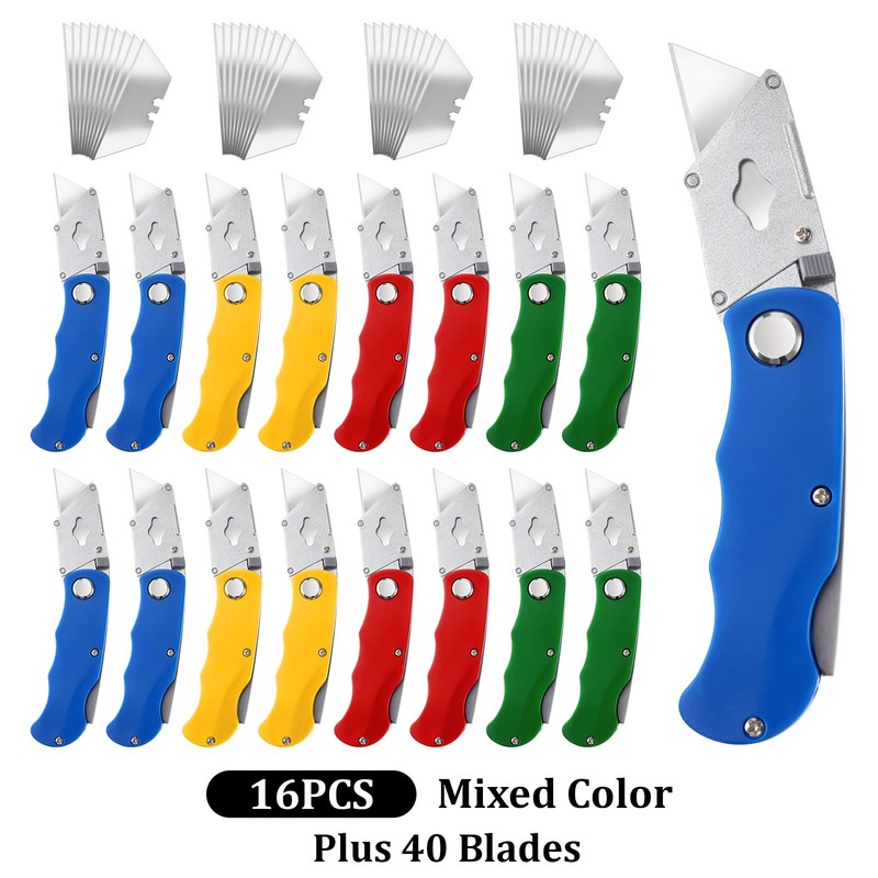 16 Pcs Folding Utility Knife 4 Color Retractable Box Cutter