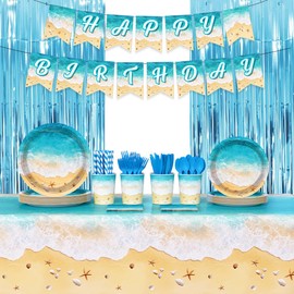 AIBIIN 196Pcs Beach Birthday Party Decorations, Ocean Waves Happy Birthday Party Supplies Tableware Set Summer Pool Party Plates, Cups, Napkins, Banner, Tablecloth for Hawaiian Bday Party