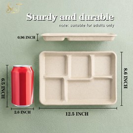 SUT SUT100% Compostable 5 Compartment Plates, 100 Pack Disposable Paper Plates 12.5×8.6 Inch, PFAS Free & BPA Safe Biodegradable Party Platters for Daily Meals, Events & Catering