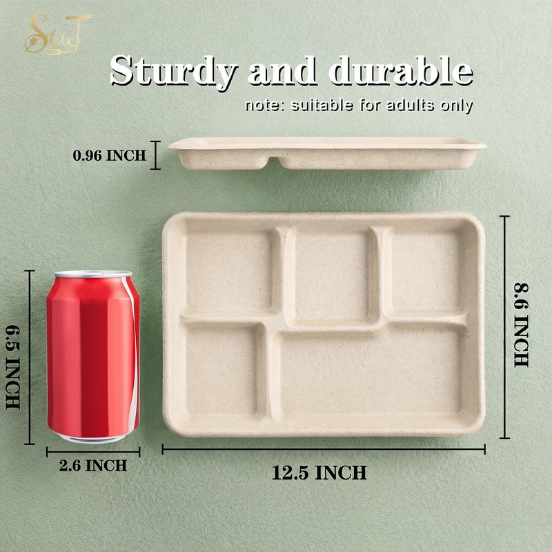 SUT SUT100% Compostable 5 Compartment Plates, 100 Pack Disposable Paper