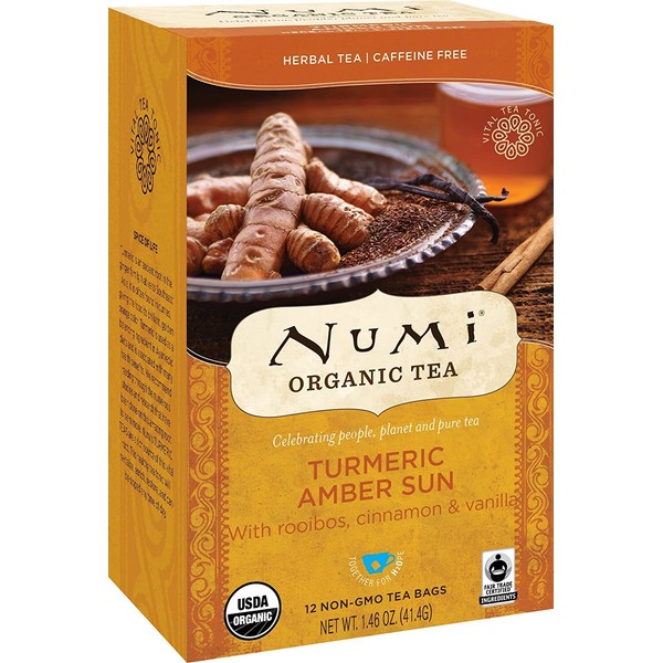 Numi Organic Tea Amber Sun, 12 Count Box of Tea Bags (Pack of 6) Turmeric Tea (Packaging May Vary)